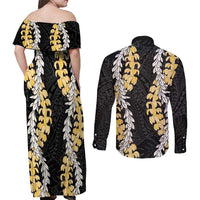Puakenikeni and Maile Lei Couples Matching Off Shoulder Maxi Dress and Long Sleeve Button Shirt Black Double Strand Lei LT9 - Polynesian Pride