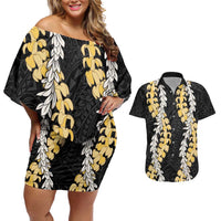Puakenikeni and Maile Lei Couples Matching Off Shoulder Short Dress and Hawaiian Shirt Black Double Strand Lei LT9 Black - Polynesian Pride