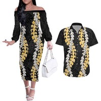 Puakenikeni and Maile Lei Couples Matching Off The Shoulder Long Sleeve Dress and Hawaiian Shirt Black Double Strand Lei LT9 Black - Polynesian Pride