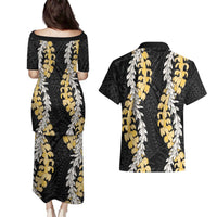 Puakenikeni and Maile Lei Couples Matching Puletasi and Hawaiian Shirt Black Double Strand Lei LT9 - Polynesian Pride