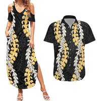 Puakenikeni and Maile Lei Couples Matching Summer Maxi Dress and Hawaiian Shirt Black Double Strand Lei LT9 Black - Polynesian Pride