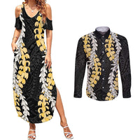 Puakenikeni and Maile Lei Couples Matching Summer Maxi Dress and Long Sleeve Button Shirt Black Double Strand Lei LT9 Black - Polynesian Pride