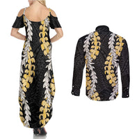 Puakenikeni and Maile Lei Couples Matching Summer Maxi Dress and Long Sleeve Button Shirt Black Double Strand Lei LT9 - Polynesian Pride