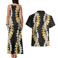Puakenikeni and Maile Lei Couples Matching Tank Maxi Dress and Hawaiian Shirt Black Double Strand Lei LT9 - Polynesian Pride