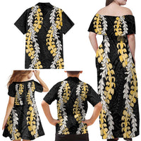 Puakenikeni and Maile Lei Family Matching Off Shoulder Maxi Dress and Hawaiian Shirt Black Double Strand Lei LT9 - Polynesian Pride