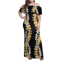Puakenikeni and Maile Lei Family Matching Off Shoulder Maxi Dress and Hawaiian Shirt Black Double Strand Lei LT9 Mom's Dress Black - Polynesian Pride