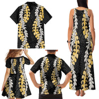 Puakenikeni and Maile Lei Family Matching Tank Maxi Dress and Hawaiian Shirt Black Double Strand Lei LT9 - Polynesian Pride