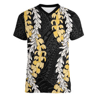 Puakenikeni and Maile Lei Women V-Neck T-Shirt Black Double Strand Lei LT9 Female Black - Polynesian Pride