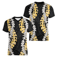 Puakenikeni and Maile Lei Women V-Neck T-Shirt Black Double Strand Lei LT9 - Polynesian Pride