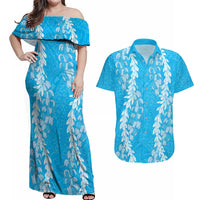 Puakenikeni and Maile Lei Couples Matching Off Shoulder Maxi Dress and Hawaiian Shirt Blue Double Strand Lei LT9 Blue - Polynesian Pride