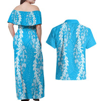 Puakenikeni and Maile Lei Couples Matching Off Shoulder Maxi Dress and Hawaiian Shirt Blue Double Strand Lei LT9 - Polynesian Pride