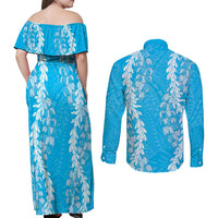 Puakenikeni and Maile Lei Couples Matching Off Shoulder Maxi Dress and Long Sleeve Button Shirt Blue Double Strand Lei LT9 - Polynesian Pride