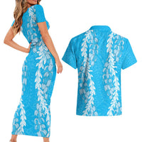 Puakenikeni and Maile Lei Couples Matching Short Sleeve Bodycon Dress and Hawaiian Shirt Blue Double Strand Lei LT9 - Polynesian Pride