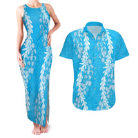 Puakenikeni and Maile Lei Couples Matching Tank Maxi Dress and Hawaiian Shirt Blue Double Strand Lei LT9 Blue - Polynesian Pride