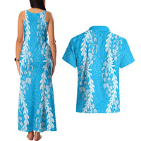 Puakenikeni and Maile Lei Couples Matching Tank Maxi Dress and Hawaiian Shirt Blue Double Strand Lei LT9 - Polynesian Pride