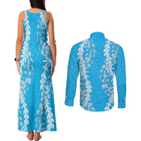 Puakenikeni and Maile Lei Couples Matching Tank Maxi Dress and Long Sleeve Button Shirt Blue Double Strand Lei LT9 - Polynesian Pride