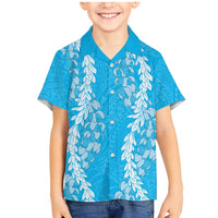 Puakenikeni and Maile Lei Family Matching Mermaid Dress and Hawaiian Shirt Blue Double Strand Lei LT9 Son's Shirt Blue - Polynesian Pride