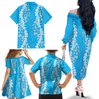 Puakenikeni and Maile Lei Family Matching Off The Shoulder Long Sleeve Dress and Hawaiian Shirt Blue Double Strand Lei LT9 - Polynesian Pride