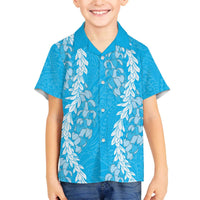 Puakenikeni and Maile Lei Family Matching Off The Shoulder Long Sleeve Dress and Hawaiian Shirt Blue Double Strand Lei LT9 Son's Shirt Blue - Polynesian Pride