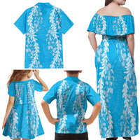 Puakenikeni and Maile Lei Family Matching Off Shoulder Maxi Dress and Hawaiian Shirt Blue Double Strand Lei LT9 - Polynesian Pride