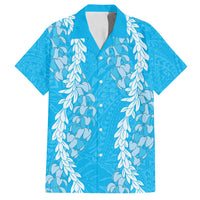 Puakenikeni and Maile Lei Family Matching Off Shoulder Maxi Dress and Hawaiian Shirt Blue Double Strand Lei LT9 Dad's Shirt - Short Sleeve Blue - Polynesian Pride