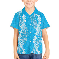 Puakenikeni and Maile Lei Family Matching Puletasi and Hawaiian Shirt Blue Double Strand Lei LT9 Son's Shirt Blue - Polynesian Pride
