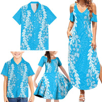 Puakenikeni and Maile Lei Family Matching Summer Maxi Dress and Hawaiian Shirt Blue Double Strand Lei LT9 - Polynesian Pride