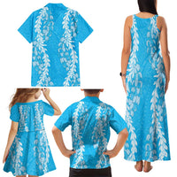 Puakenikeni and Maile Lei Family Matching Tank Maxi Dress and Hawaiian Shirt Blue Double Strand Lei LT9 - Polynesian Pride