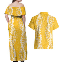 Puakenikeni and Maile Lei Couples Matching Off Shoulder Maxi Dress and Hawaiian Shirt Gold Double Strand Lei LT9 - Polynesian Pride