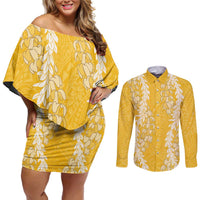 Puakenikeni and Maile Lei Couples Matching Off Shoulder Short Dress and Long Sleeve Button Shirt Gold Double Strand Lei LT9 Gold - Polynesian Pride