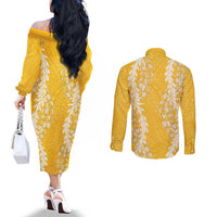 Puakenikeni and Maile Lei Couples Matching Off The Shoulder Long Sleeve Dress and Long Sleeve Button Shirt Gold Double Strand Lei LT9 - Polynesian Pride