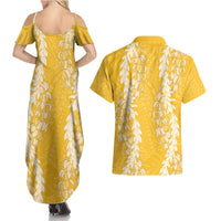 Puakenikeni and Maile Lei Couples Matching Summer Maxi Dress and Hawaiian Shirt Gold Double Strand Lei LT9 - Polynesian Pride