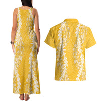 Puakenikeni and Maile Lei Couples Matching Tank Maxi Dress and Hawaiian Shirt Gold Double Strand Lei LT9 - Polynesian Pride
