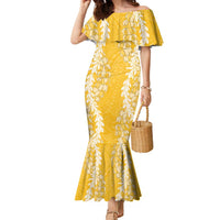 Puakenikeni and Maile Lei Family Matching Mermaid Dress and Hawaiian Shirt Gold Double Strand Lei LT9 Mom's Dress Gold - Polynesian Pride