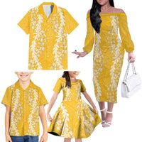 Puakenikeni and Maile Lei Family Matching Off The Shoulder Long Sleeve Dress and Hawaiian Shirt Gold Double Strand Lei LT9 - Polynesian Pride