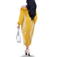 Puakenikeni and Maile Lei Family Matching Off The Shoulder Long Sleeve Dress and Hawaiian Shirt Gold Double Strand Lei LT9 - Polynesian Pride
