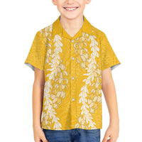 Puakenikeni and Maile Lei Family Matching Off The Shoulder Long Sleeve Dress and Hawaiian Shirt Gold Double Strand Lei LT9 Son's Shirt Gold - Polynesian Pride
