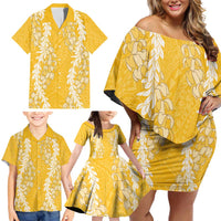 Puakenikeni and Maile Lei Family Matching Off Shoulder Short Dress and Hawaiian Shirt Gold Double Strand Lei LT9 - Polynesian Pride