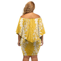 Puakenikeni and Maile Lei Family Matching Off Shoulder Short Dress and Hawaiian Shirt Gold Double Strand Lei LT9 - Polynesian Pride