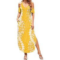 Puakenikeni and Maile Lei Family Matching Summer Maxi Dress and Hawaiian Shirt Gold Double Strand Lei LT9 Mom's Dress Gold - Polynesian Pride