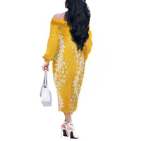 Puakenikeni and Maile Lei Off The Shoulder Long Sleeve Dress Gold Double Strand Lei LT9 - Polynesian Pride