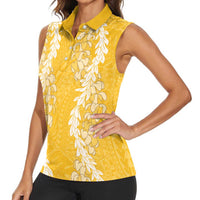 Puakenikeni and Maile Lei Women Sleeveless Polo Shirt Gold Double Strand Lei LT9 - Polynesian Pride