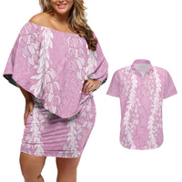 Puakenikeni and Maile Lei Couples Matching Off Shoulder Short Dress and Hawaiian Shirt Pink Double Strand Lei LT9 Pink - Polynesian Pride
