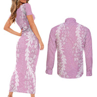 Puakenikeni and Maile Lei Couples Matching Short Sleeve Bodycon Dress and Long Sleeve Button Shirt Pink Double Strand Lei LT9 - Polynesian Pride