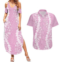 Puakenikeni and Maile Lei Couples Matching Summer Maxi Dress and Hawaiian Shirt Pink Double Strand Lei LT9 Pink - Polynesian Pride