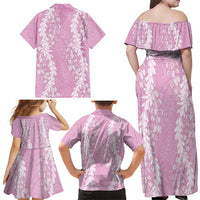 Puakenikeni and Maile Lei Family Matching Off Shoulder Maxi Dress and Hawaiian Shirt Pink Double Strand Lei LT9 - Polynesian Pride
