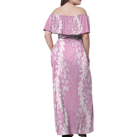 Puakenikeni and Maile Lei Family Matching Off Shoulder Maxi Dress and Hawaiian Shirt Pink Double Strand Lei LT9 - Polynesian Pride