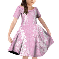 Puakenikeni and Maile Lei Family Matching Off Shoulder Short Dress and Hawaiian Shirt Pink Double Strand Lei LT9 Daughter's Dress Pink - Polynesian Pride