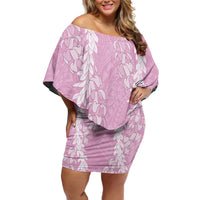 Puakenikeni and Maile Lei Family Matching Off Shoulder Short Dress and Hawaiian Shirt Pink Double Strand Lei LT9 Mom's Dress Pink - Polynesian Pride