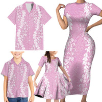 Puakenikeni and Maile Lei Family Matching Short Sleeve Bodycon Dress and Hawaiian Shirt Pink Double Strand Lei LT9 - Polynesian Pride